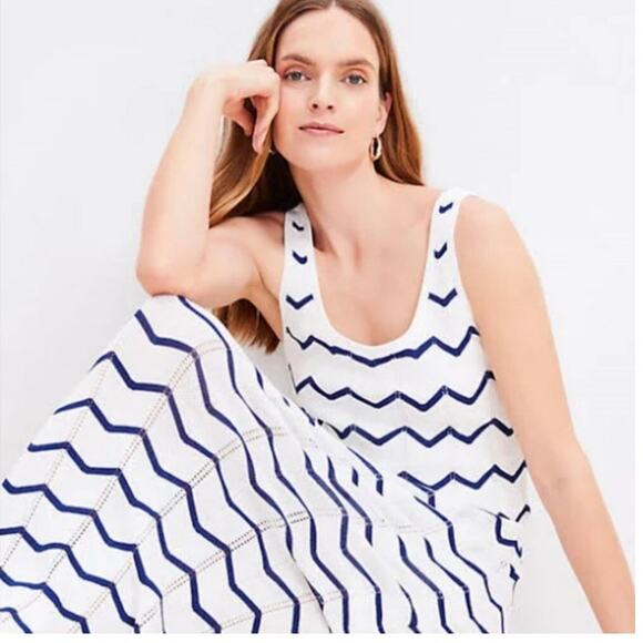LOFT Chevron Open Stitch Pointelle Knit Sleeveless Maxi Dress White Navy Size M - Picture 8 of 9